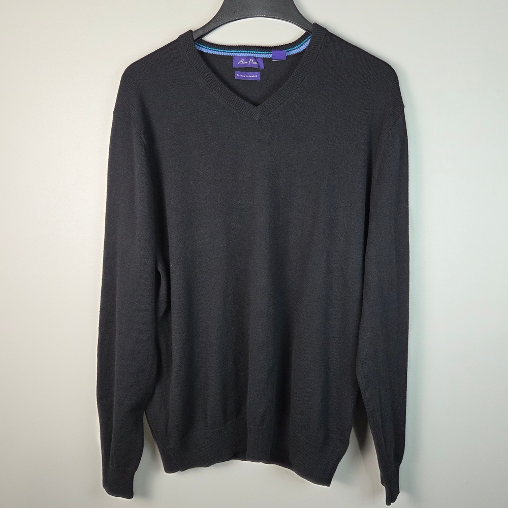 Alan Flusser V-Neck Sweater Mens Large Black Excellent Cotton Cashmere Pullover